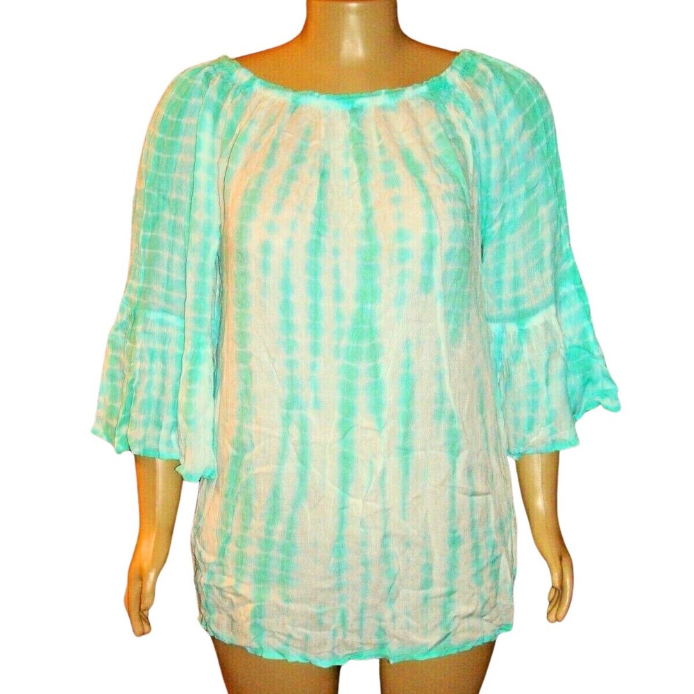 Indian Tropical Fashion Blue Green White Tie Dye 3/4 Sleeve Tunic Top 1X NWT